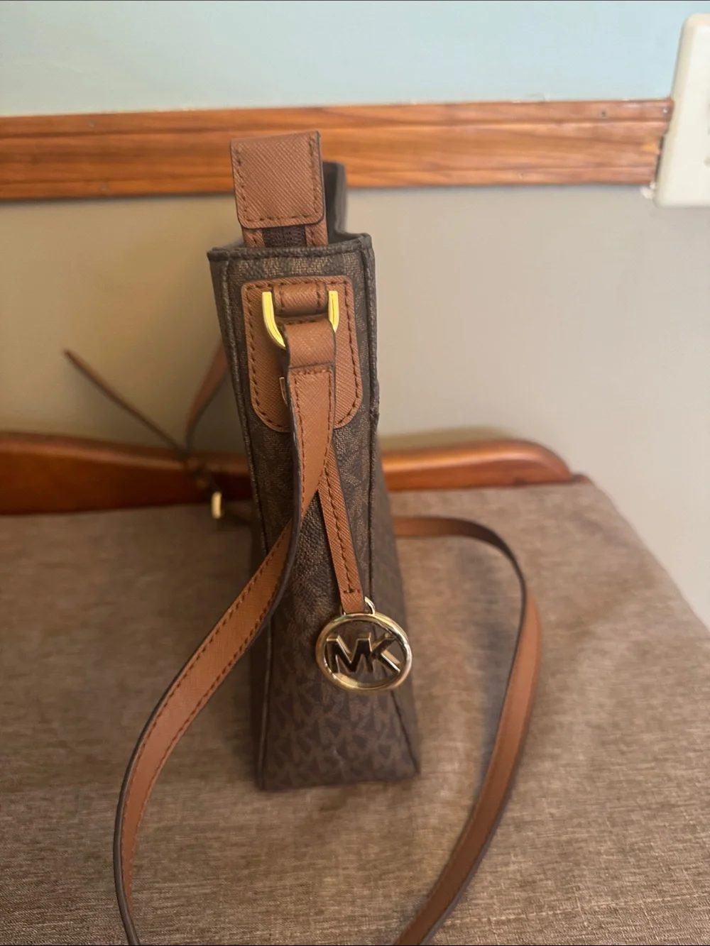 Michael Kors Dark Brown Signature Messenger Bag with Gold Hardware